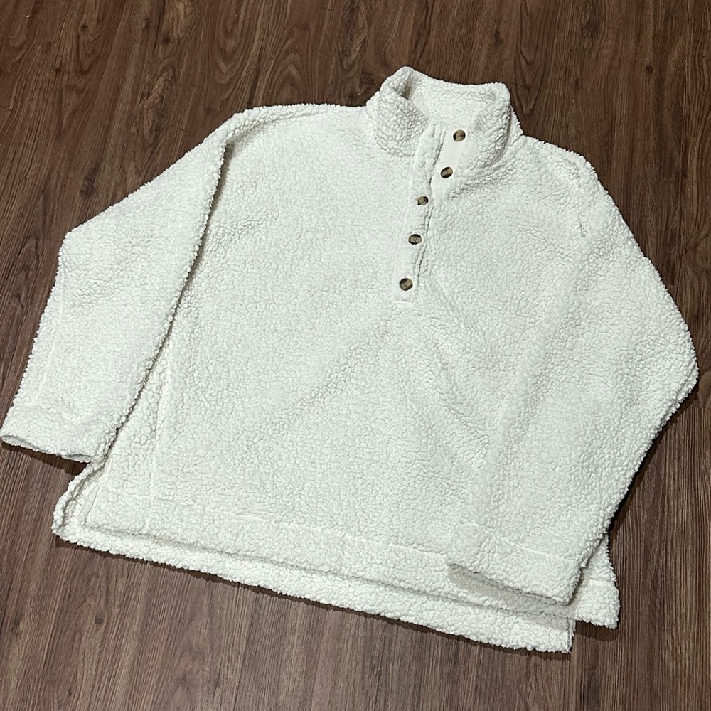 Aerie Cloud Sherpa Oversized 1/4 Button Pullover Cozy Sweater, Cream, Medium